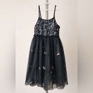 Cat & Jack Girls Black Sequin Tulle Party Dress XS (4/5) Pom Pom Skirt